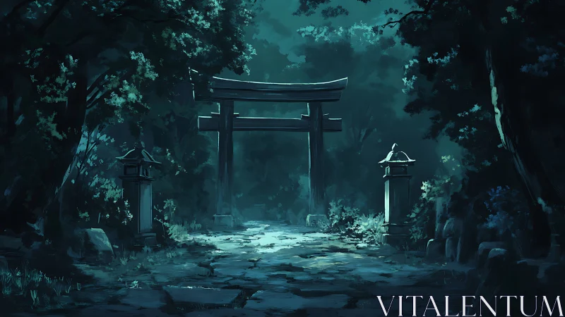 Moonlit torii gate crowns secluded forest stone path.