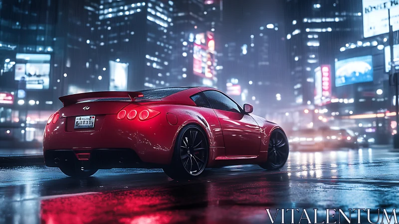 Rain-soaked red sports coupe under neon-lit urban skyline at night