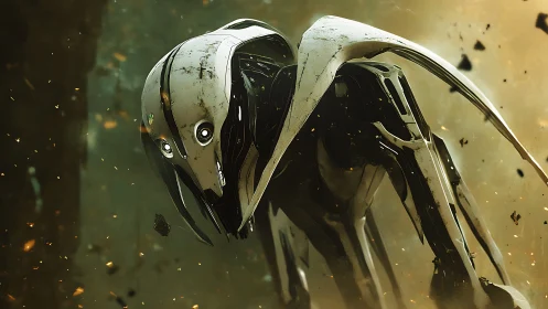 Alien war drone emerges from smoky battlefield haze.