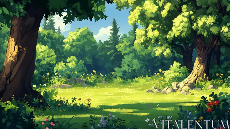 Forest clearing with mature trees and flowering undergrowth vegetation