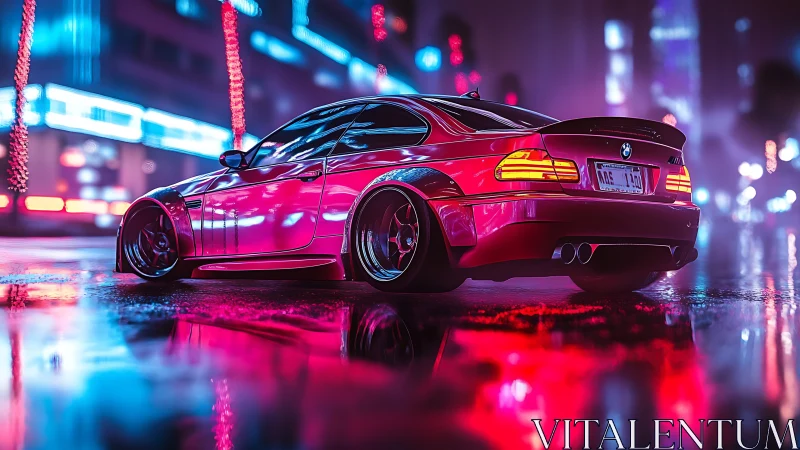 Neon-illuminated BMW coupe in reflective cyber-urban streetscape.