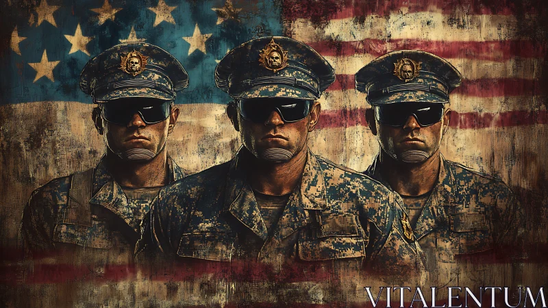 Three armored soldiers stand before distressed US flag backdrop