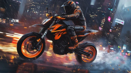 Neon-lit supermoto drift under urban rainfall dynamics.