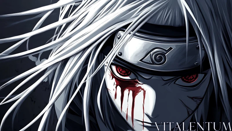 Intense ninja portrait with bleeding red eye and headband