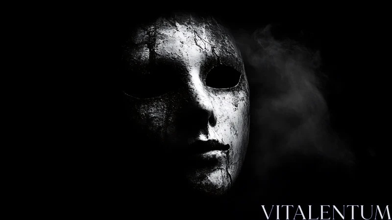 Cracked monochrome mask emerges from void in stark chiaroscuro