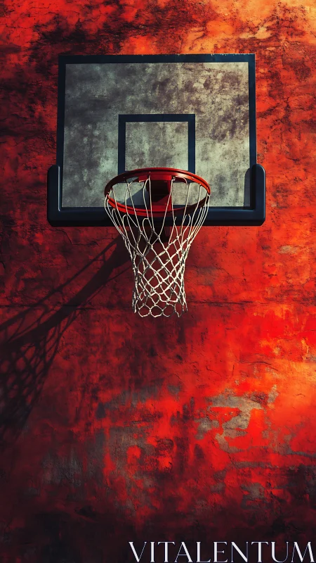 Outdoor basketball hoop casts bold shadow on red wall.