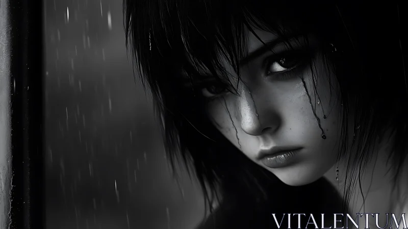 Photorealistic monochrome portrait under rain-streaked glass.