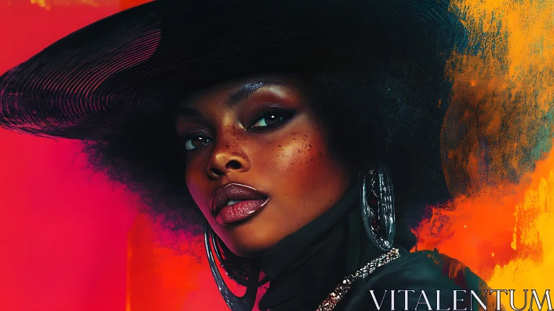 Velvet gaze under a haloed hat on molten neon skies.