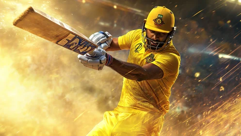 Cricket batter in yellow uniform executing front-foot shot.