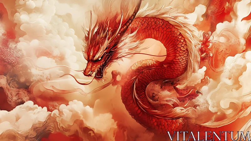 Scarlet cloud dragon coils through burning sunrise mists