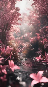Pink forest stream scene shows stylized foliage and water