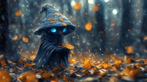 Glowing-eyed forest sprite cradles autumn in the rainstorm