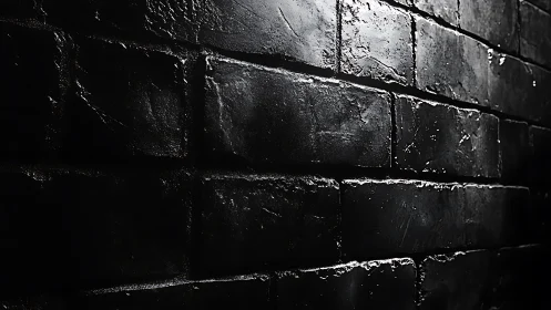 Photorealistic black brick wall with moody side lighting.