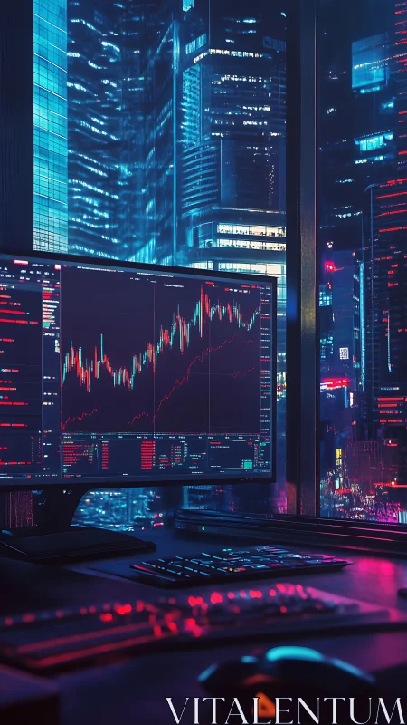 Neon city trading desk with glowing analytics screen.