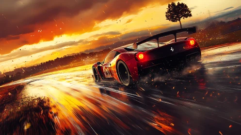 Red racing supercar powers through wet sunset track