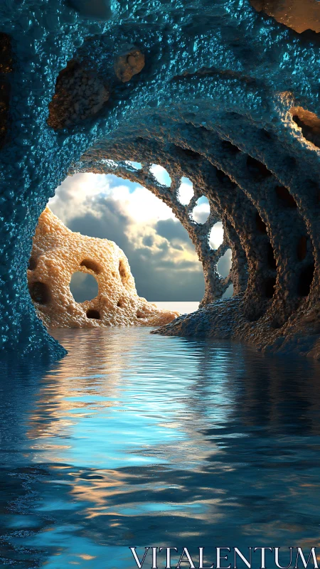 Surreal ocean cave tunnel with glowing blue water view.