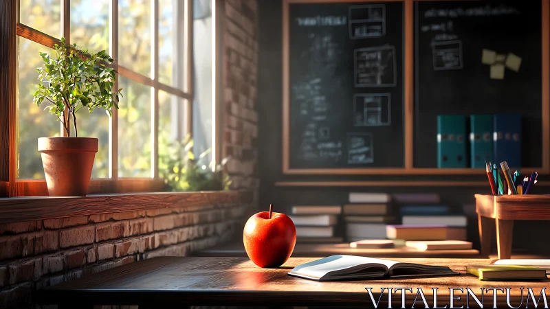 Sunlit classroom still life isolates apple, book and soft DOF