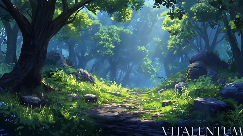 Enchanted Forest Path Under Luminous Canopy