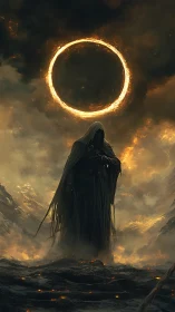 Hooded wraith stands beneath a blazing eclipse ring in infernal sky