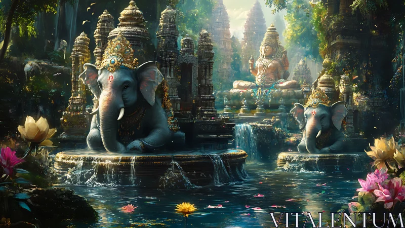 Sacred elephant guardians amid luminous temple waterfalls.