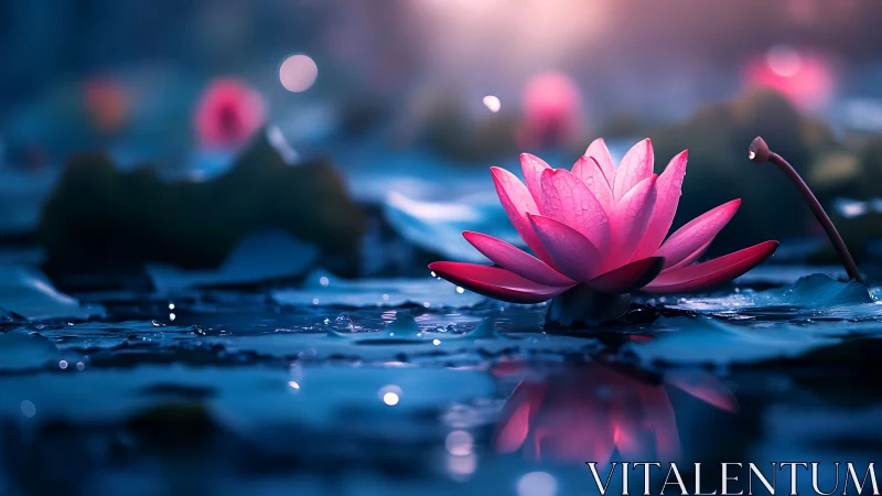Soft pink lotus glows gently across a dreamy blue pond