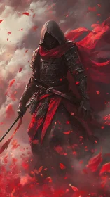 Hooded crimson warrior strides through swirling red storm