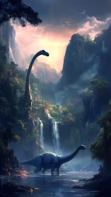 Gentle dinosaurs wandering through a glowing waterfall valley.