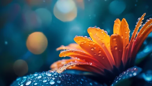 Macro orange flower petals with dewdrops against bokeh background.
