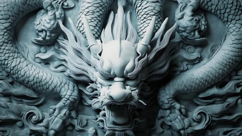 Majestic stone dragon relief surges forward in frozen motion