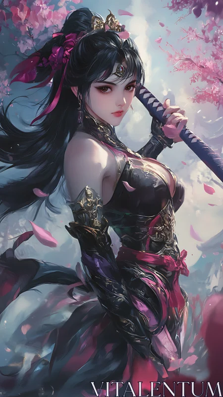 Sword-wielding woman stands amid drifting petals in armor