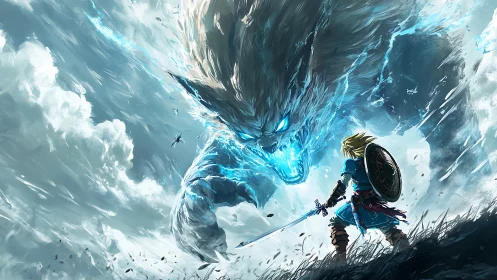 Storm-lit hero facing vast elemental beast with quiet courage.