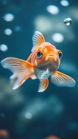 Goldfish in clear blue water with soft bokeh background.