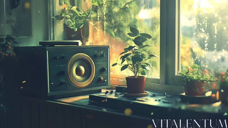 Sunlit vintage radio and plants glow beside rainy window.
