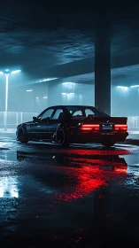 Dark sedan parked in wet multi level garage at night