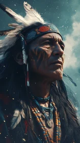 Portrait of an elder in feathered headdress against sky.