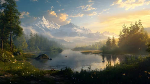 Sunlit alpine lake reflects snow capped peaks with volumetric haze