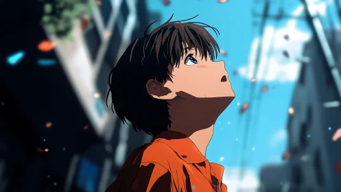 Boy in orange gazes skyward amid drifting petals in city.