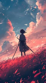 Anime samurai silhouette against cinematic sunset skyscape.