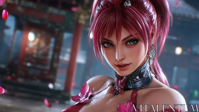 Rendered female character stands before blurred temple structure