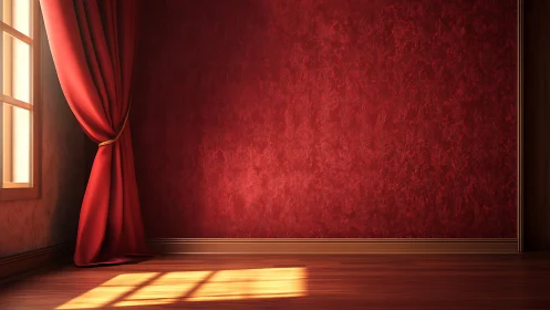 Sunlit red textured wall with curtain in empty interior