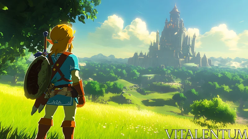 Game character observing distant fantasy castle landscape.