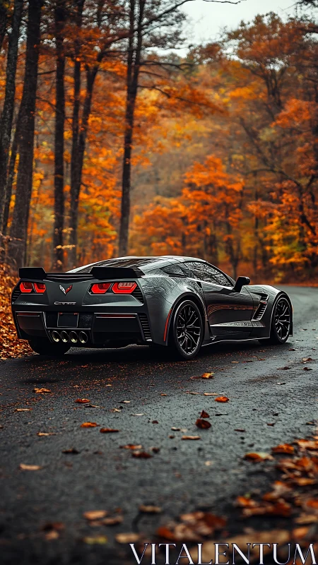 Black Corvette sports car waits on wet forest road in autumn