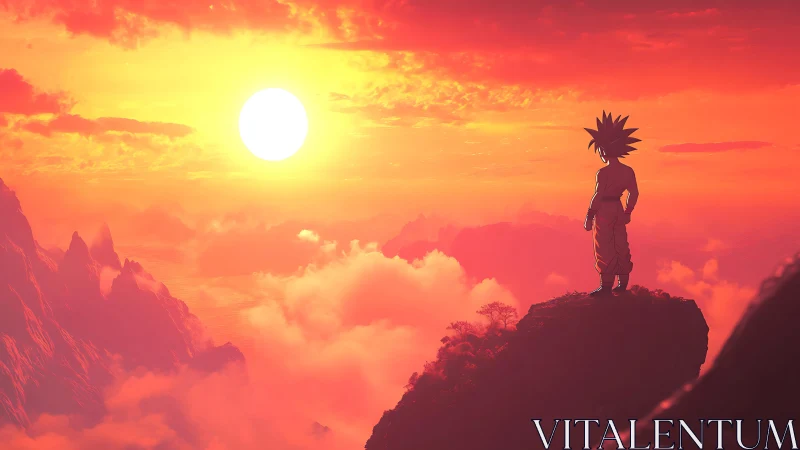 Sunlit warrior gazes over glowing clouds in quiet wonder