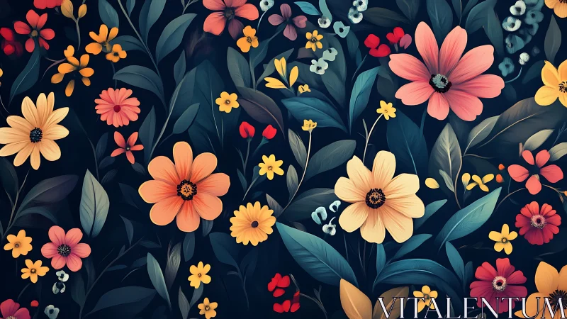 Vibrant Floral Garden Against Dark Navy Background.