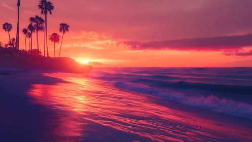 Sunset over tropical shoreline with vivid pink reflections.