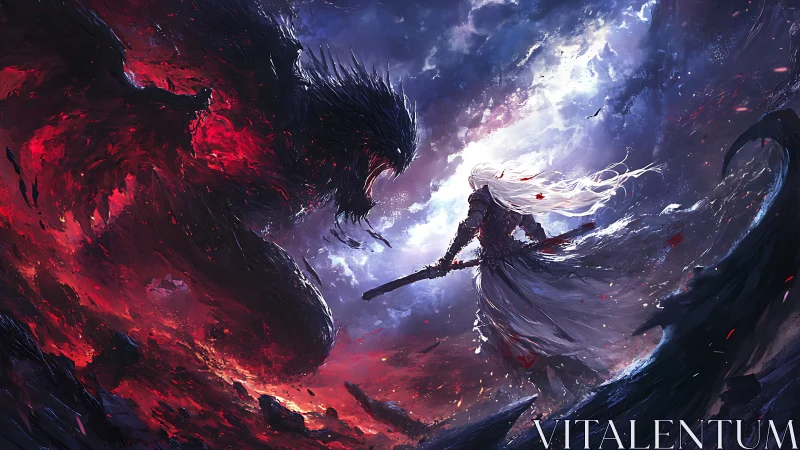 White-haired warrior confronts dark winged beast in storm