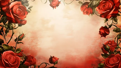 Vintage red roses border composition with romantic gradient background