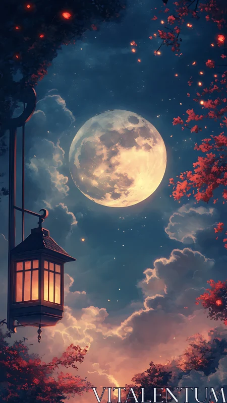 Full moon over glowing lantern in dreamy night sky.