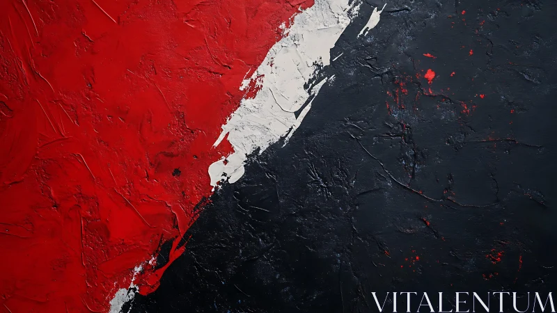 Bold abstract painting with red, black, and white textured palette.