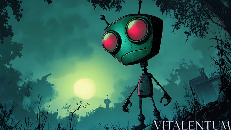 Moonlit robot wanderer haunts a misty neon forest glade.